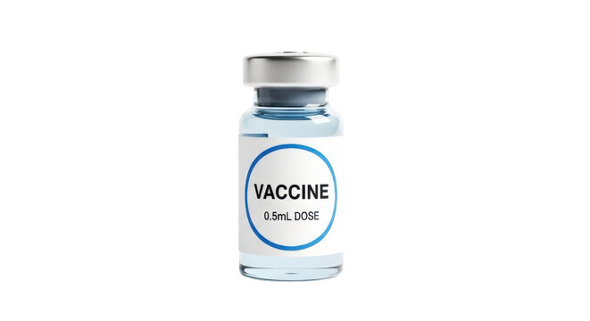 Glass vaccine vial with silver cap and label showing vaccine 0.5ml dose liquid medicine, Isolated On Png Transparent Background