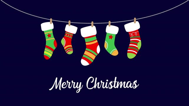 Merry Christmas greeting card featuring festive colorful stockings hanging on a string. Night background with stars, perfect for Christmas celebration, Christmas invitations, and winter holiday decor.