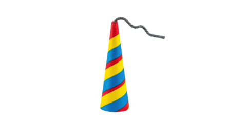 Brightly colored party horn with red yellow and blue stripes and gray string celebration noise, Isolated On Png Transparent Background