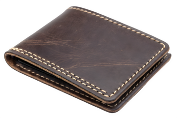 A close-up view of a dark brown distressed leather bifold wallet with light contrast stitching isolated on transparent background