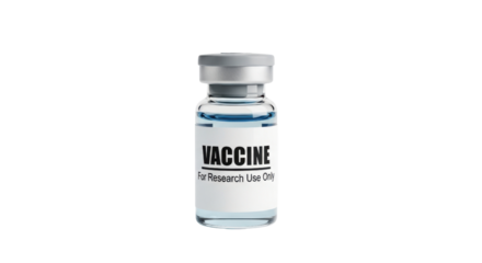 Clear glass vial with blue liquid labeled vaccine for research image, Isolated On Png Transparent Background