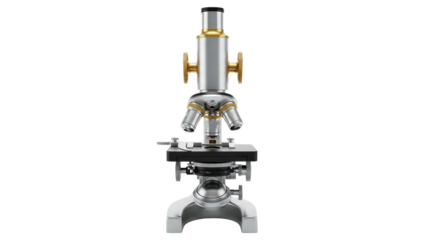 Vintage silver and gold microscope with dual eyepieces on black background metal, Isolated On Png Transparent Background