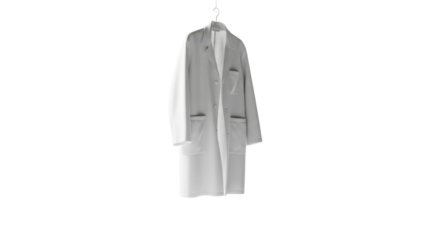 White lab coat with buttons and pockets hanging on a hook against black laboratory medical, Isolated On Png Transparent Background