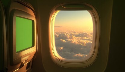 Fototapeta premium Airplane cabin window view of clouds at sunset, with a green screen