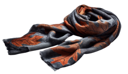 Warm autumn scarf with large oak leaf pattern on dark background