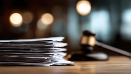 Fototapeta premium Stacked legal documents with a gavel on a wooden desk, blurred background