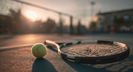 A tennis racket and ball rest on a court at sunrise, with a net in the background