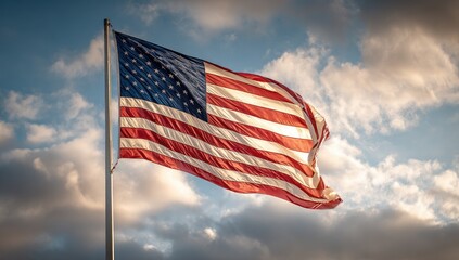 Waving Stars and Stripes against a dramatic, cloudy sky