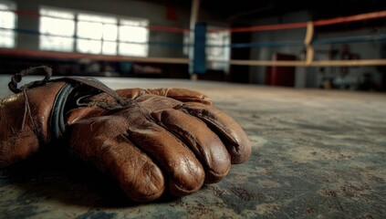 Old boxing glove rests on worn canvas inside a dimly lit ring