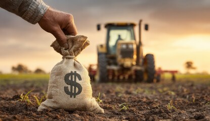 Hand holding burlap money bag with dollar sign in farm field