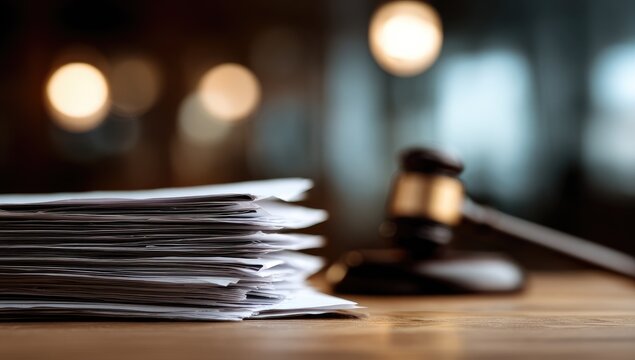 Stacked legal documents with a gavel on a wooden desk, blurred background