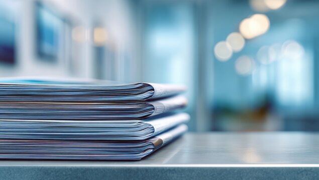 Stacked papers on a smooth surface, blurred background with soft lights