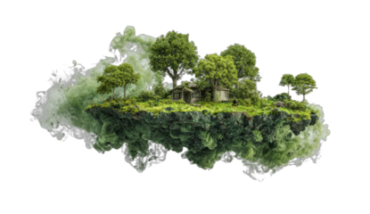 Lush, green island with trees and structure floats on wispy, ethereal clouds