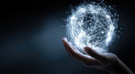 Hand holding glowing ethereal sphere of interconnected light particles