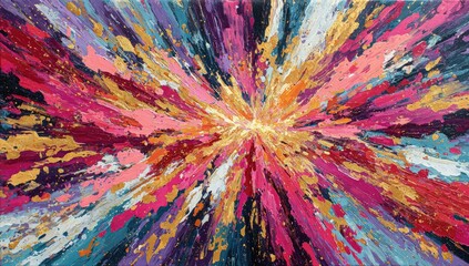 Vibrant abstract explosion of colorful paint splatters with gold accents