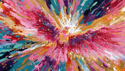 Colorful explosion of paint with a bird-like form at its center