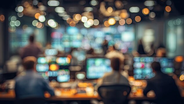 Blurred image of people working in a control room filled with monitors