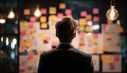 Businessman in suit contemplates complex strategy board with sticky notes