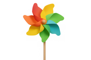 Pinwheel toy with vibrant rainbow colors. A symbol of youth, fun, wind power, and carefree spirit isolated on transparent background