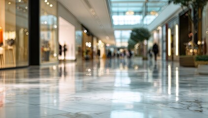 Obraz premium Blurred indoor shopping mall walkway with marble floor and storefronts