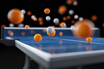 Numerous small spheres in orange and white suspended above a blue ping pong table