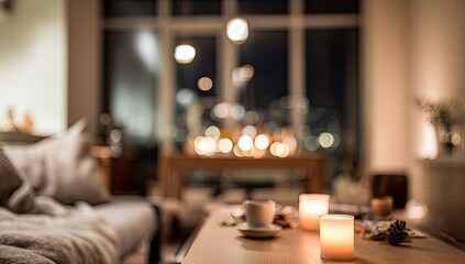 Softly lit room with candles, coffee, and cozy seating