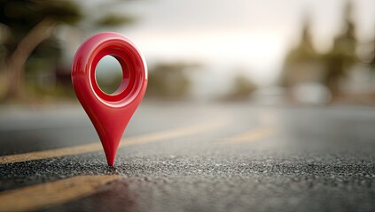 A bright red location pin sits on an asphalt road with yellow lines