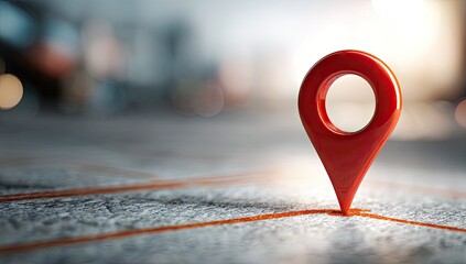 Red map pin marking a route on a textured surface with soft focus background