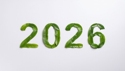 A bright green number 2026, formed by natural leaves, symbolizing eco-friendly growth in a minimalist flat lay composition.