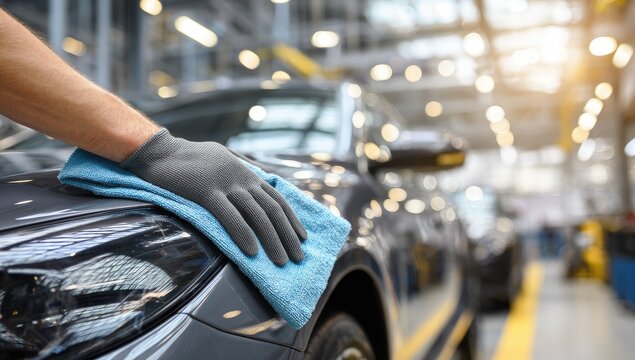 Gloved hand gently polishes a sleek, dark vehicle's exterior in a bright workshop - Powered by Adobe