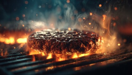 Juicy burger sizzling over glowing embers and flames, smoke rising
