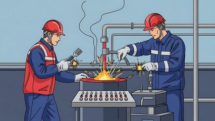 Two male workers in safety gear performing welding and industrial tasks in a factory setting.