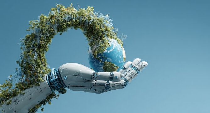 Robotic hand cradles Earth, surrounded by lush green growth under a clear sky