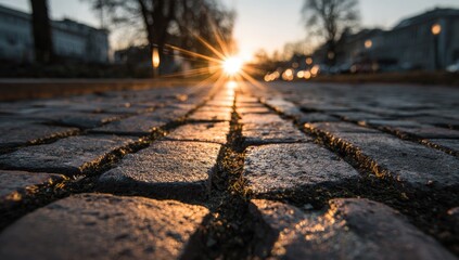 Cobblestone path leads to a bright sunset with sunburst