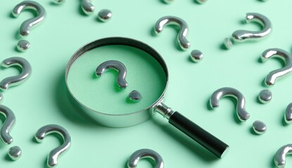 Magnifying glass examining a question mark among many on a light green background
