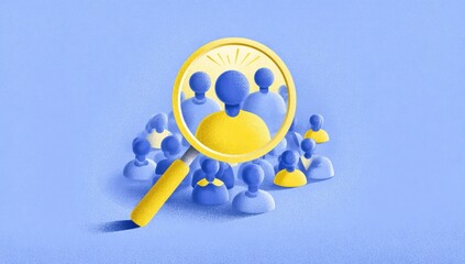 Magnifying glass highlights one person among a group, symbolizing selection