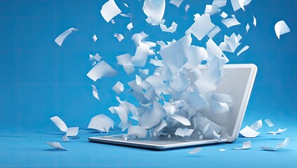 Laptop screen explodes into flying paper on blue background
