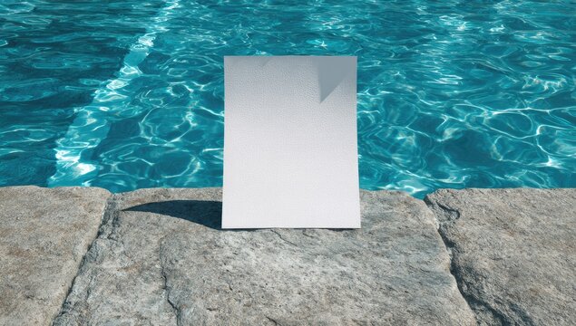 Blank white card stands upright on rough stone beside clear blue pool water