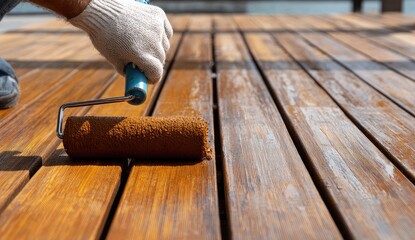 Protective coating applied to wooden deck planks with a roller for maintenance