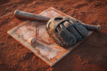 Vintage baseball equipment rests on home plate in dusty field