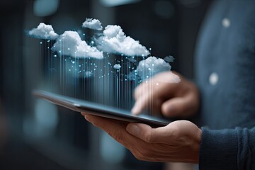 Person uses tablet with digital clouds and light streams emanating