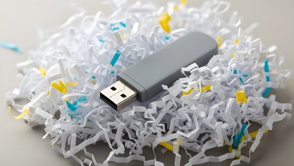 Fototapeta premium Tidy pile of freshly shredded paper confetti with a plain USB drive half-buried