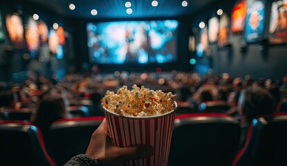 Movie theater with popcorn and audience watching a film