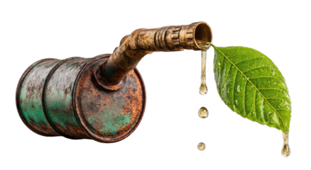 Rusty fuel canister with green leaf and dripping golden liquid