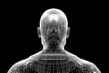 Wireframe rendering of a human head and shoulders, viewed from behind