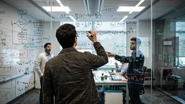 Dynamic Team Collaboration: Engineers & Scientists Brainstorming Complex Mathematical Equations & Flowcharts on Transparent Glass in Modern Tech Of...