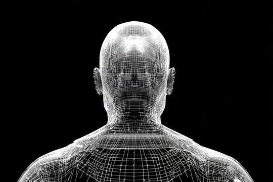 Wireframe rendering of a human head and shoulders, viewed from behind - Powered by Adobe