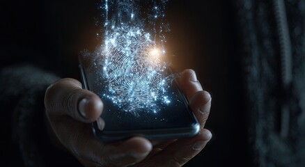 Hand holding smartphone, blue digital particles erupting