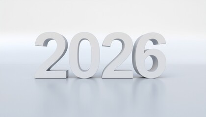 Bright, modern 3d rendering of the year 2026 standing prominently on a reflective white studio surface.