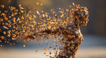 Autumnal figure dissolving into a flurry of fallen leaves